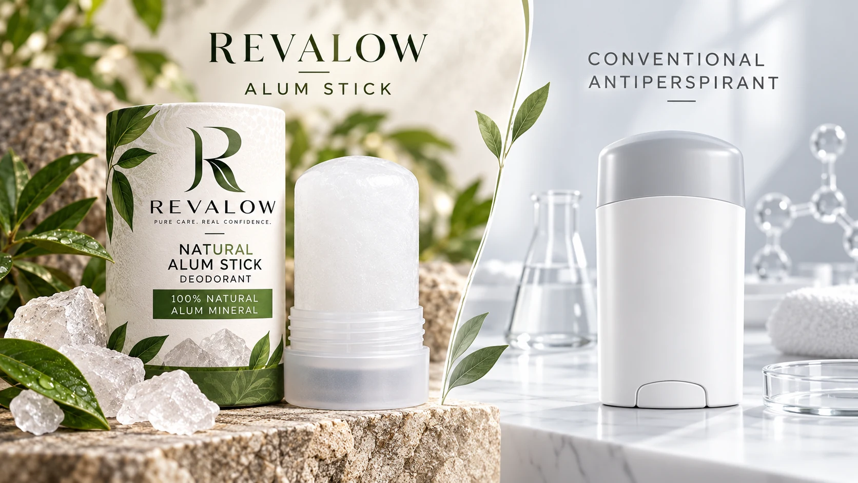 Illustrative comparison of Revalow Alum Stick and a generic conventional antiperspirant